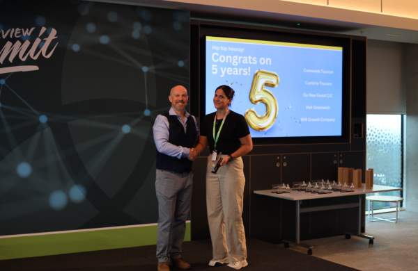 Go New Forest's Rachael Rogers receiving 5 year anniversary award from Simpleview MD Richard Veal