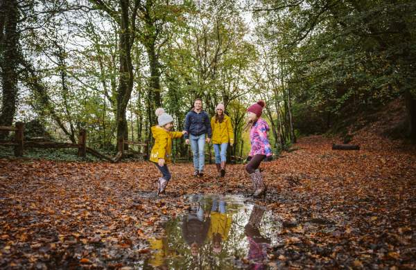A family walking through Penllegare woods