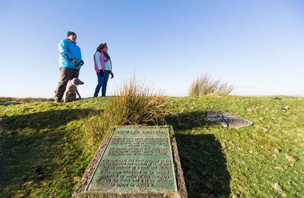 Two walkers and a dog near a plaque