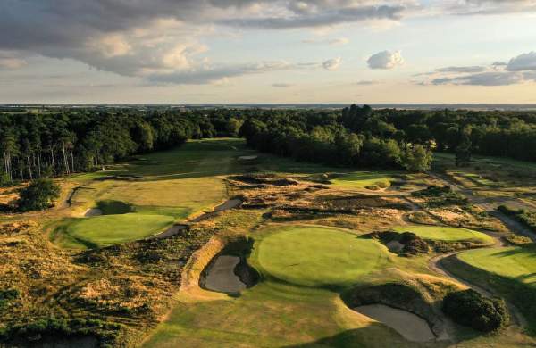 A golf course drone at sunset