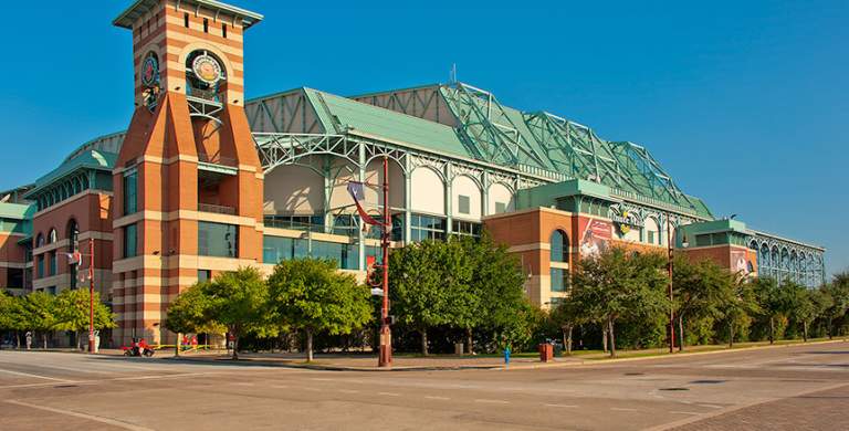 Exterior view of the main entrance of Minute Maid Park In Houston, TX