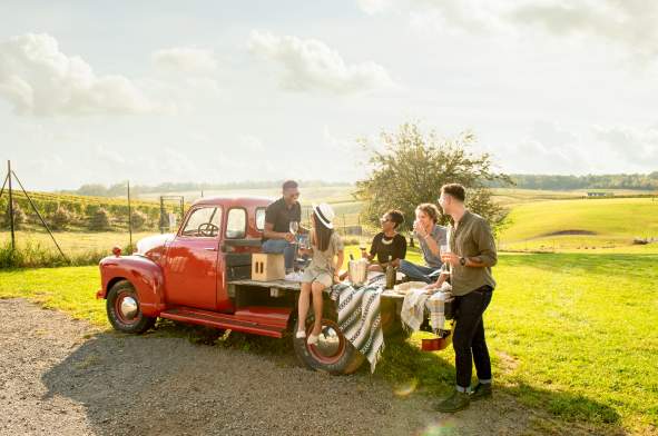 Group in Truck at Stone Tower