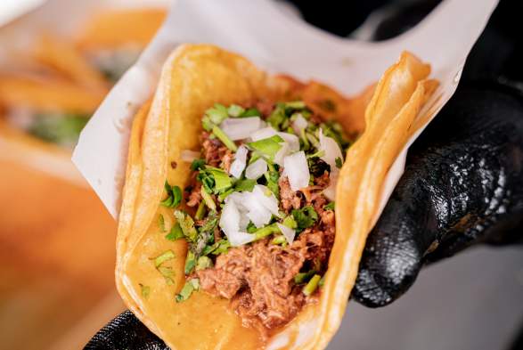 Someone in black gloves holding a asada taco in two corn tortillas topped with onions and cilantro