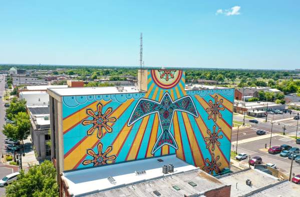 Aerial image of the Red Tail Hawk mural in Downtown Norman, Oklahoma