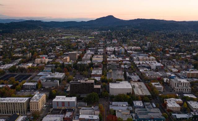 An aerial view of Eugene at sunset.