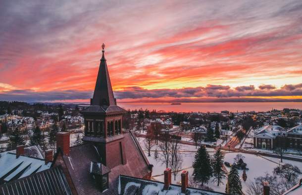 Old Mill at UVM, winter sunset over Lake Champlain
