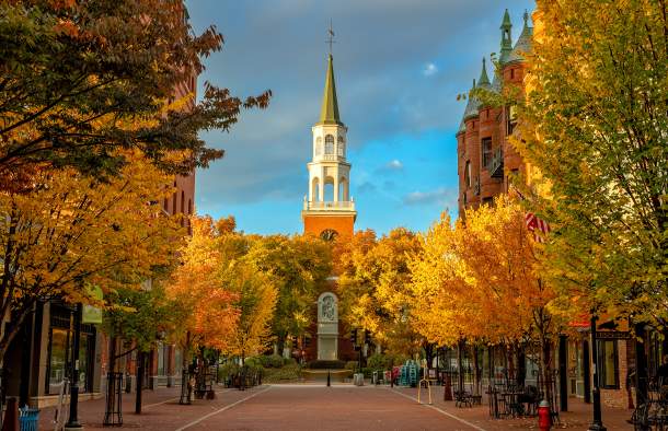 Church Street in the Fall with foliage alongside the buildings