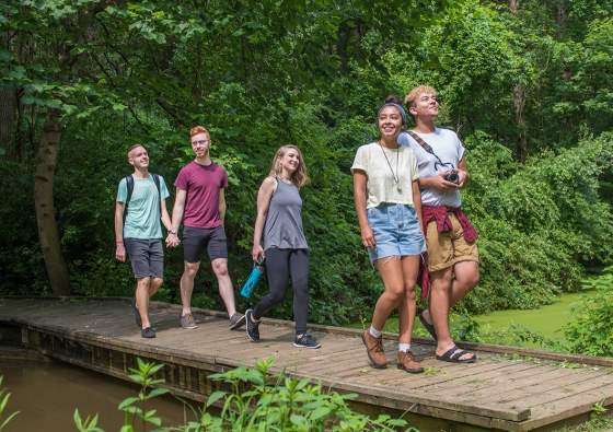 Friends & Couples Walking Across Small Wooden Bridge at Nixon Park
