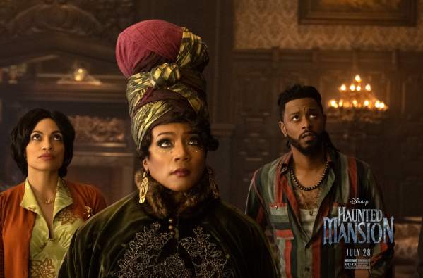 Stars Rosario Dawson, Tiffany Haddish, and LaKeith Stanfield in Disney's Haunted Mansion, ©2023 Disney
