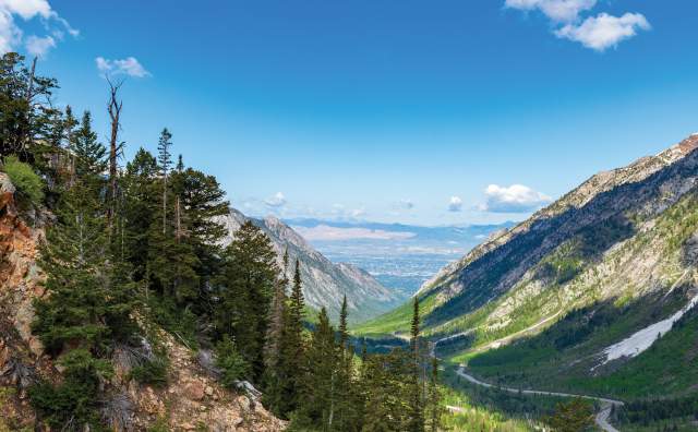View from the mountains down a canyon into the Salt Lake valley
