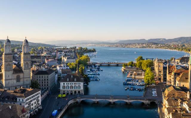 Aerial view of Geneva looking over the city toward the lake