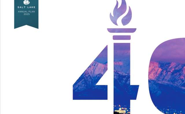 White cover of a book with a cutout of 40 that has Salt Lake City showing through and a bookmark icon that says Salt Lake Annual Plan 2025