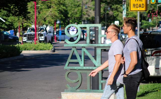 Two friends walking in Salt Lake's 9th and 9th neighborhood