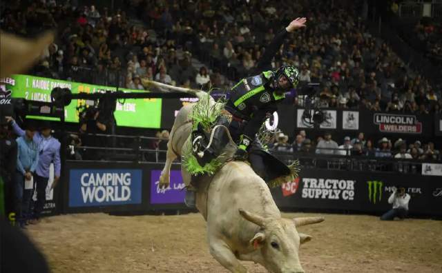 Bull rider riding a bull at a Rodeo event. The event, put on by PBR - headquartered in Pueblo, Colo., PBR was founded in 1992 by a group of 20 visionary bull riders who broke away from the traditional rodeo scene, seeking mainstream attention, new riches and a livelihood for future generations of cowboys for the most popular discipline in rodeo, bull riding.