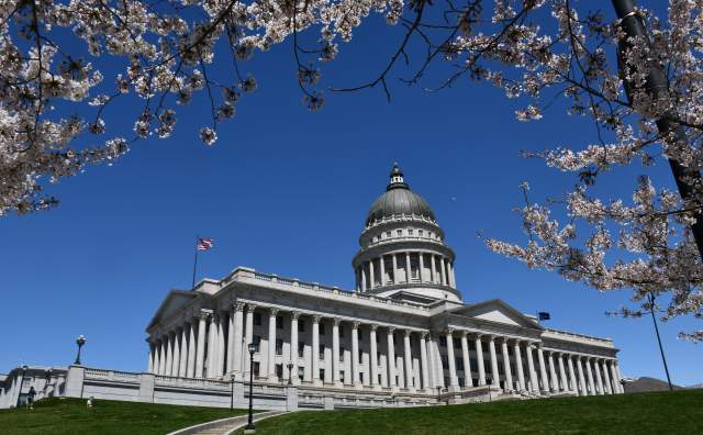 Utah State Capitol during cherry blossom season