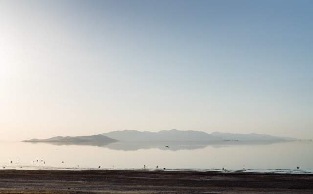 Shoreline of Great Salt Lake near the marina looking out toward Antelope island