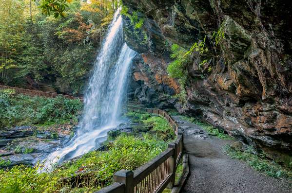 A side view of Dry Falls in Highlands, North Carolina.