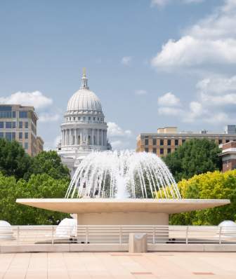 Monona Terrace rooftop fountain with Capitol in background