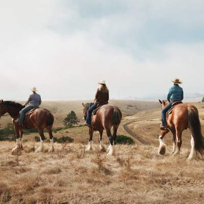 Three people horseback riding on clydesdales in Cambria, CA