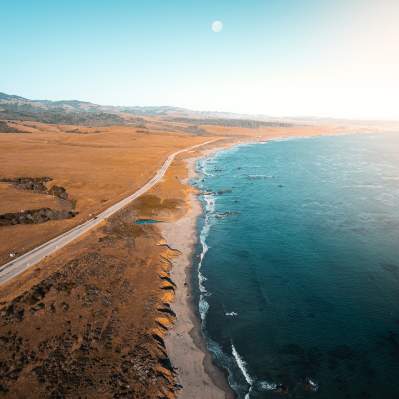 Aerial view of Highway 1 and coastline in San Simeon