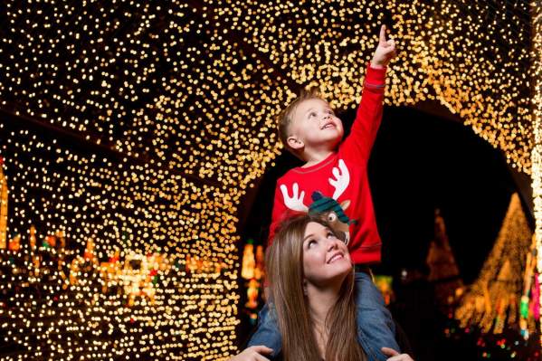 child pointing at Christmas lights