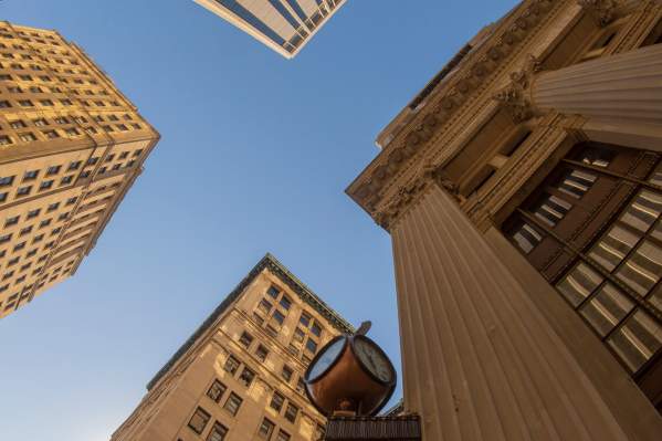 View of the sky through some buildings