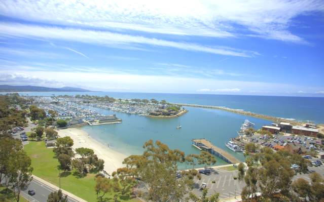 Dana Point Harbor aerial view on a sunny day.