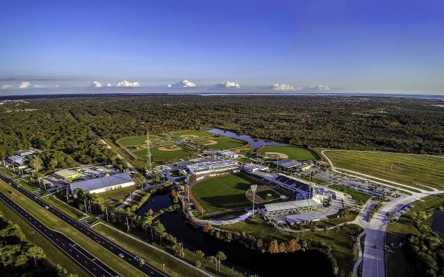 Aerial view of Charlotte Sports Park baseball fields