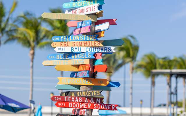 Colorful signpost at TT's ("The Tiki") Bar on Charlotte Harbor in Punta Gorda, Florida