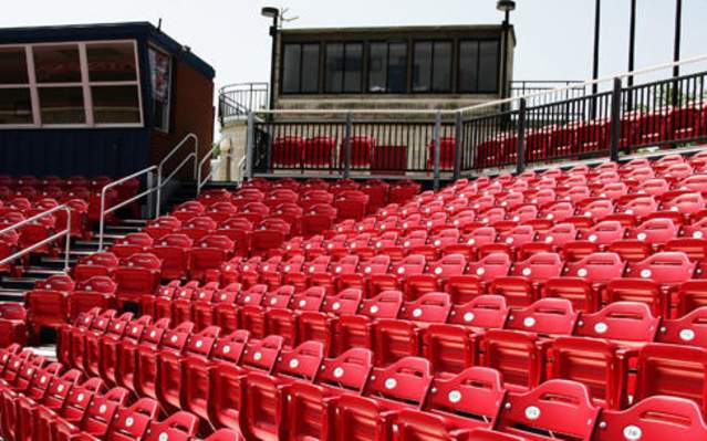 Red bleachers at Radford University in Virginia, built by Southern Bleacher
