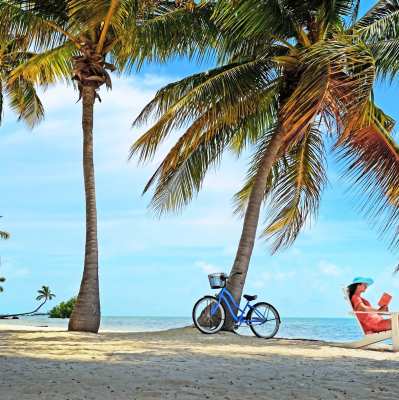 A beach cruiser bicycle stands against a palm tree. A woman in an Adirondack chair reads at the shoreline as ocean laps at her feet.