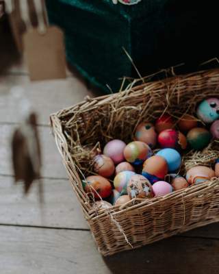Decorated eggs in a basket at the Ulster American Folk Park.