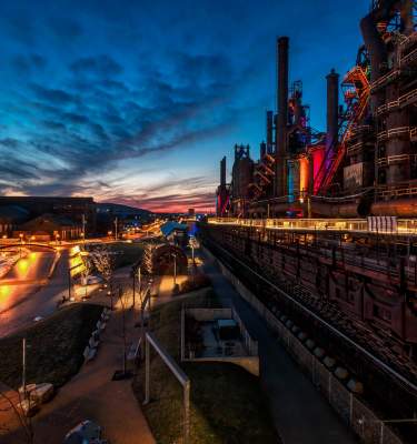 The sun sets over the SteelStacks campus in Bethlehem, Pa.