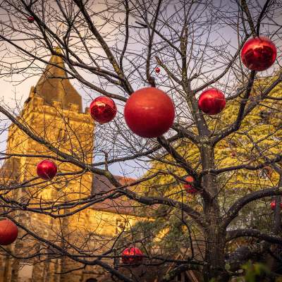 Baubles hang from a tree with a Church in the background