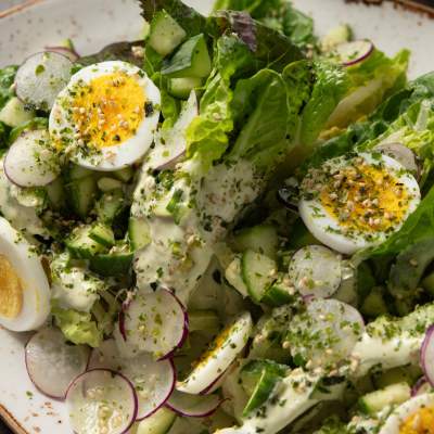 Little Gem Salad with Cucumbers and Green Goddess Dressing