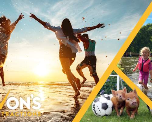 People joyfully play at sunset on a beach, kids enjoy a river with a kayak, and piglets with a soccer ball. Text reads “Devon’s Top Attractions.”