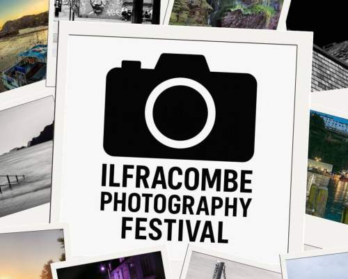 A promotional graphic for the Ilfracombe Photography Festival featuring a bold black camera icon in the centre with the festival name beneath it. Around the central logo are scattered photo prints showing coastal landscapes, harbour scenes, architectural details and artistic street photography, arranged like a collage to showcase the variety of images celebrated by the festival.