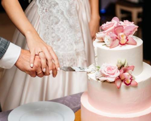 Couple cutting wedding cake