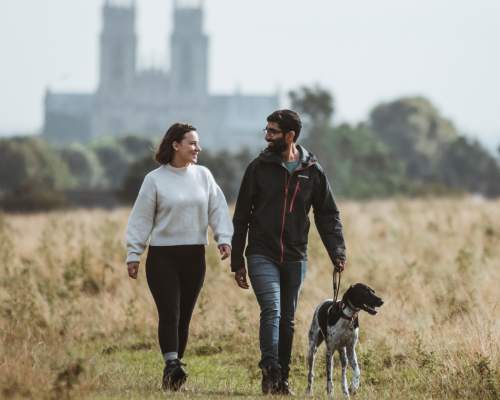 A couple walking their dog on Beverley Westwood with Beverley Minster in the background