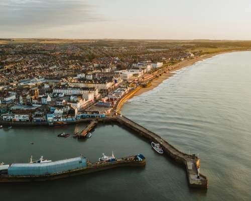 An ariel view over Bridlington harbour and town, town and north side.
