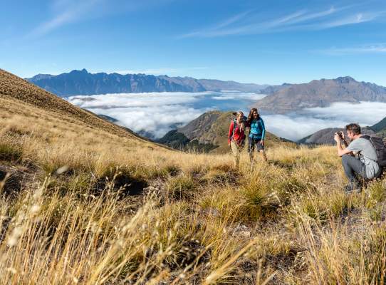 Friends hiking Ben Lomond in summer