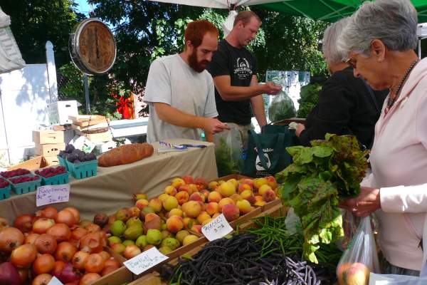 A bustling Akron farmers market scene with vendors selling fresh fruits, vegetables, and bread as customers engage with them.
