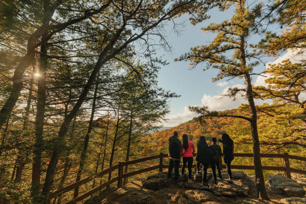 A family looks over the railing at the Canyon Overlook in Rocky Gap State Park.