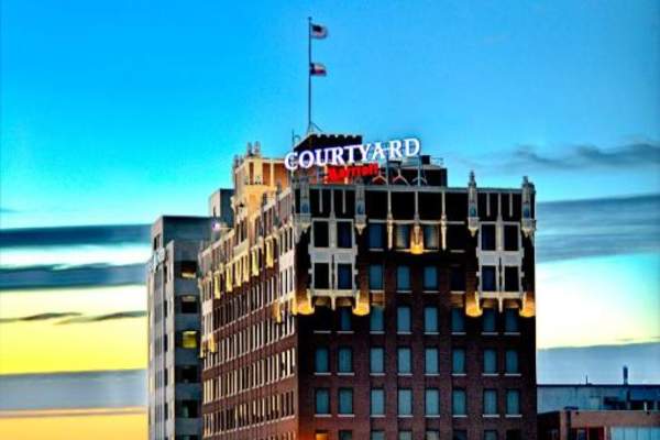 Courtyard Marriott Building in Downtown Amarillo with sunset in the background