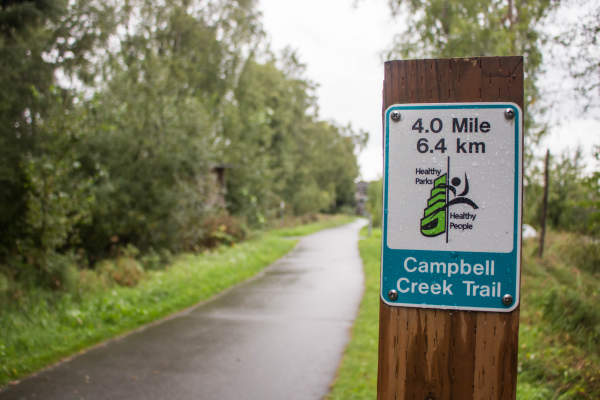 Campbell Creek trail sign with distance and trail name