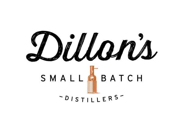 Dillon's Small Batch Distillers logo, black and white text with brown bottle