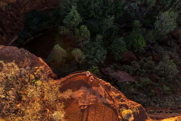 Aerial view of people standing at Circular Pool Lookout, with a view down into the gorge.