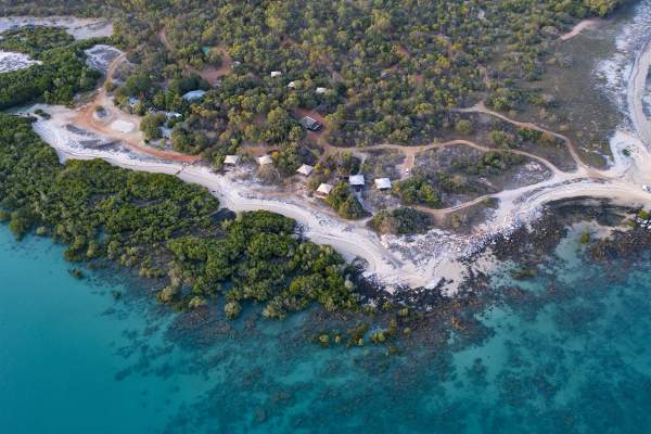 Aerial view of Safari Tent and campground area at Cygnet Bay Pearl Farm