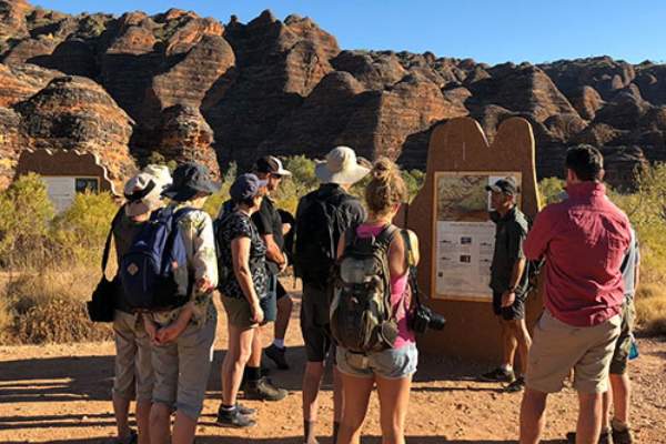 Kimberley Wild Expeditions tour group at the Bungles with striped domes visible in the background