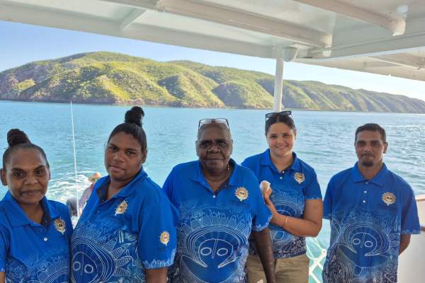Dambimangari Cultural Tour Guides at Garaan-ngaddim/Horizontal Falls. Chaylene Ngerdu, Esekia Bradshaw, Robyn Mungulu, Chelsea Osborne, Dylan Sesar